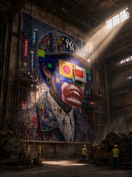 A large, colorful mural in an industrial warehouse showing a person wearing a baseball cap, with their face obscured by a colorful Mondrian-style pattern and a large red mouth with teeth, while workers in safety vests observe below.