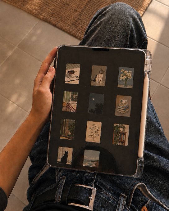 A person wearing a black belt and dark jeans holds a tablet displaying a grid of cozy, vintage-style aesthetic images (including a coffee cup, cat, flowers, books, and landscapes) that contrast with the post's description of an NFT collection featuring "futuristic details, neon tones, dark textures, and modern aesthetics" by artist @yuriloran.