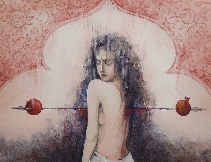 A watercolor painting of a nude woman with long dark hair impaled through her chest by a spear that has a pomegranate on one end and a bleeding wound visible, set against a decorative archway background.