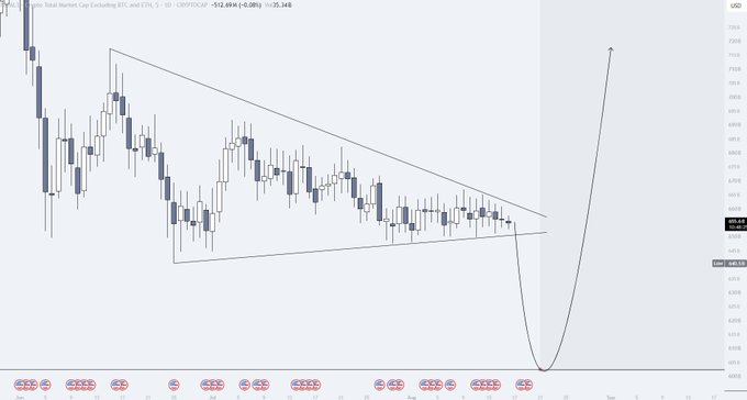 A candlestick chart of the Crypto Total Market Cap Excluding BTC and ETH (TOTAL3) on the 1-day timeframe shows a descending triangle pattern with price at $1,068.61, accompanied by a drawn projection line indicating an anticipated dip to the support zone around $585 before a sharp upward expansion. The chart visually reinforces the post's thesis of one more downside move before a significant breakout.