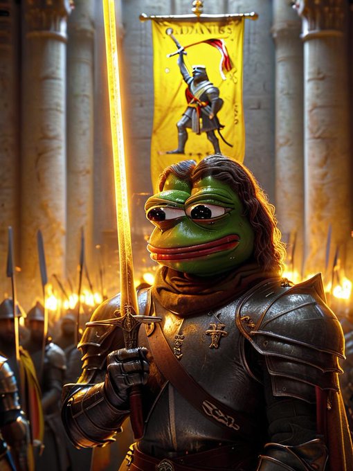 A digital artwork of a green Pepe the Frog character dressed as a medieval knight in armor, holding a glowing sword in front of a banner reading 'TIDANLES'.