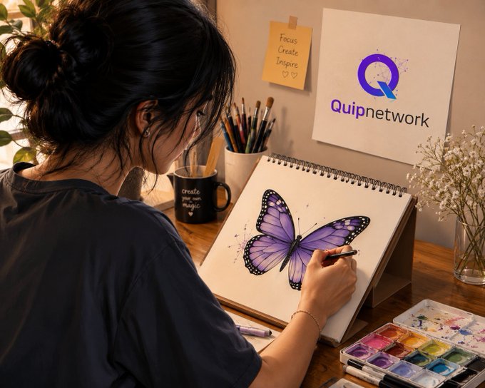 A woman with dark hair in a bun sits at a desk, carefully painting a purple butterfly in a sketchbook, with art supplies, a "create your own magic" mug, and a "Quipnetwork" sign with its purple Q logo displayed behind her—evoking the creative, exploratory spirit of Quipnetwork's quantum and post-quantum blockchain work.