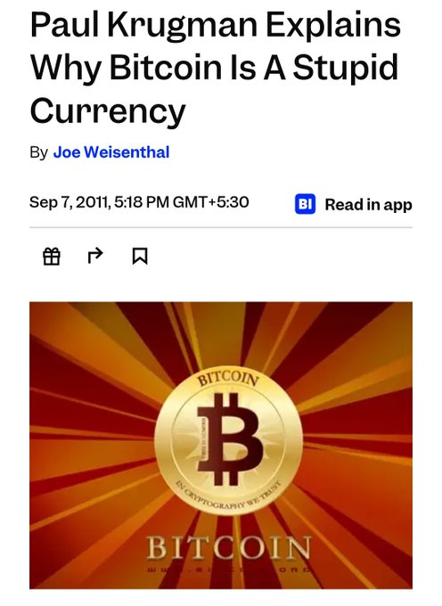 A Business Insider article screenshot headlined 'Paul Krugman Explains Why Bitcoin Is A Stupid Currency' by Joe Weisenthal, dated Sep 7, 2011, with a Bitcoin logo graphic below.