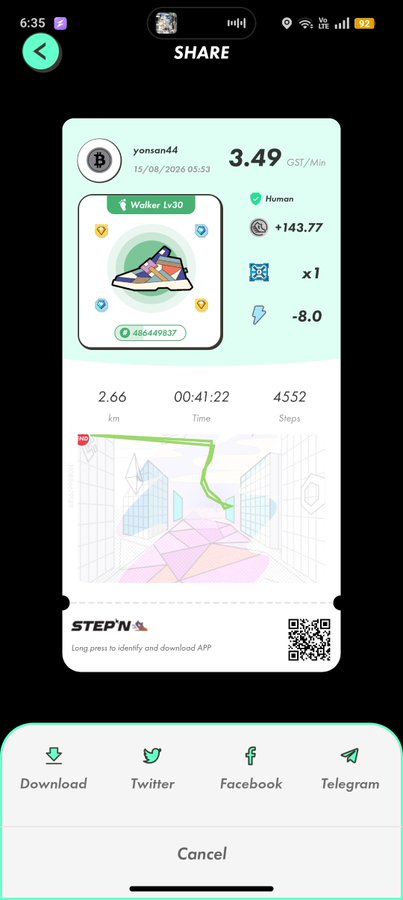 A mobile app screenshot showing a STEP'N fitness app share screen with details like 3.49 GST/Min, 2.66 km, 00:41:22 time, and 4552 steps, along with social media sharing options.