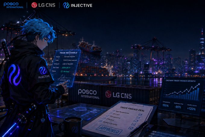A promotional graphic depicting anime-style artwork of a blue-haired character holding a 'TRADE RECEIVABLE' document, with logos for POSCO International, LG CNS, and Injective, set against a nighttime cityscape with shipping containers and a 'TRADE FINANCE DEAL' marked APPROVED.