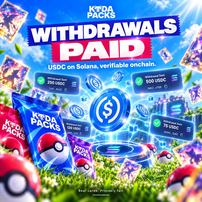 A promotional graphic for 'KODA PACKS' announcing 'WITHDRAWALS PAID' in USDC on Solana with verifiable onchain transactions, featuring Pokéball-themed packaging and trading card imagery.