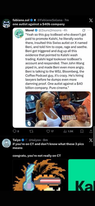 A screenshot of social media posts, including one from 'Morel @2suns2moons' criticizing a $40 billion company, and another from 'Taiyo @_taiyoo' saying 'if you're on CT and don't know what these 3 pics means congrats, you're not really on CT' above pixel art.