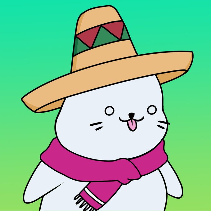 A digital illustration of a cute white cartoon cat with its tongue sticking out, wearing a large tan sombrero with colorful trim and a pink scarf, set against a green gradient background.