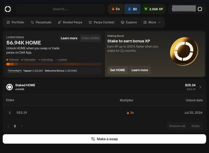 The image features a screen of a trading app that displays a page about a "locked $HOME" worth more than $2.6k. The app's trading strategy appears to be focused on perps contests, where players invest their money in a pool and compete against each other for the top spot in the pool. The image suggests that this user may have made a substantial investment or has seen a significant return on it, leading them to compare the current value of their $HOME with the potential reward from the perps contest.