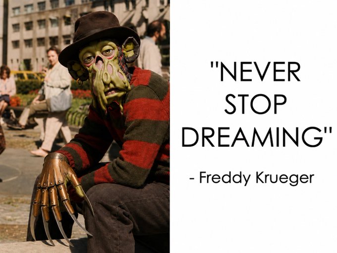 An image of Freddy Krueger wearing his iconic mask and clawed glove, paired with the quote 'NEVER STOP DREAMING' attributed to him.