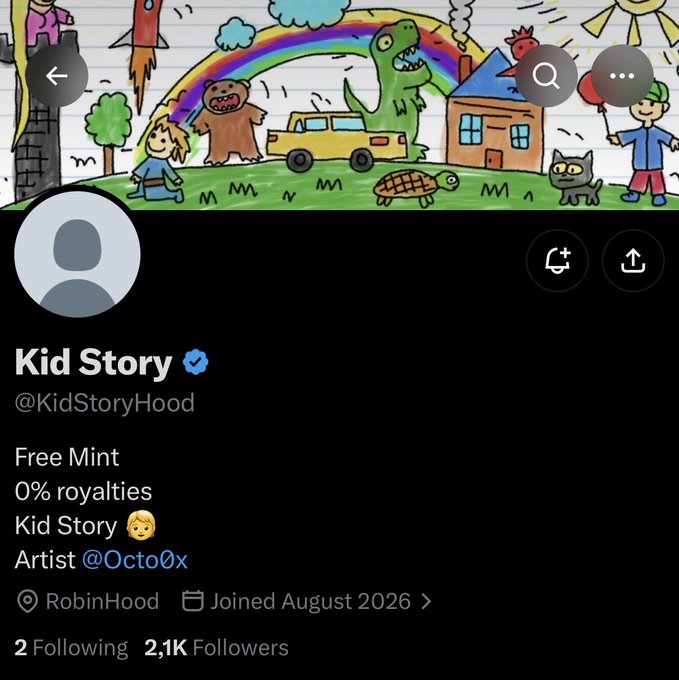 A Twitter/X profile page for "Kid Story" (@KidStoryHood) featuring a colorful child's-style drawing with a rainbow, dinosaur, house, children, and pets, advertising a free mint with 0% royalties by artist @Octo0x, with 2,1K followers, promoted as part of a "GREEN Chain" launch on OrdinalsHood.