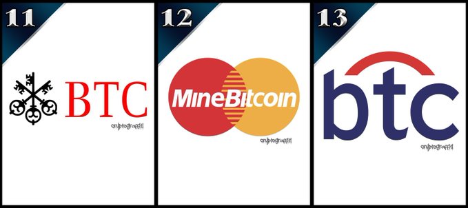Three logos numbered 11, 12, and 13, featuring 'BTC' text, 'MineBitcoin' with a Mastercard-style logo, and a 'btc' logo.