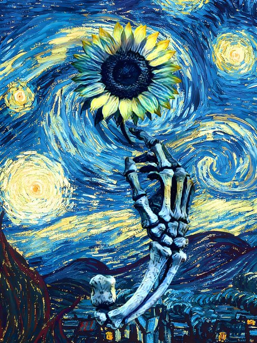 An artistic painting in the style of Van Gogh's Starry Night featuring a skeletal hand holding a sunflower, set against swirling blue skies with glowing yellow stars and a small village below.