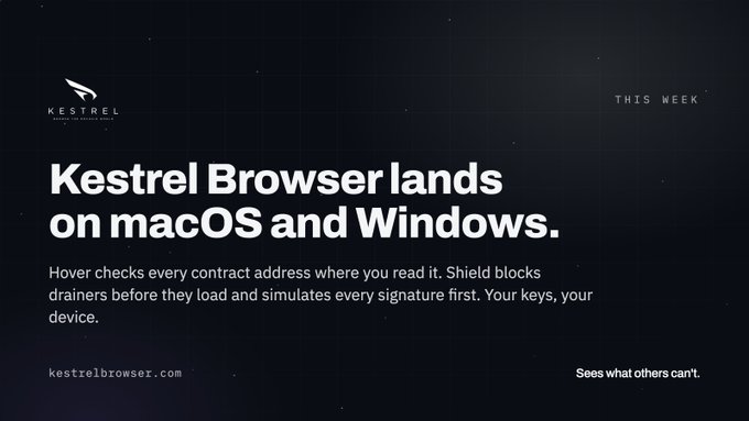 A promotional graphic for "Kestrel Browser" announcing it "lands on macOS and Windows," with text explaining features like contract address verification and shielding against drainers.
