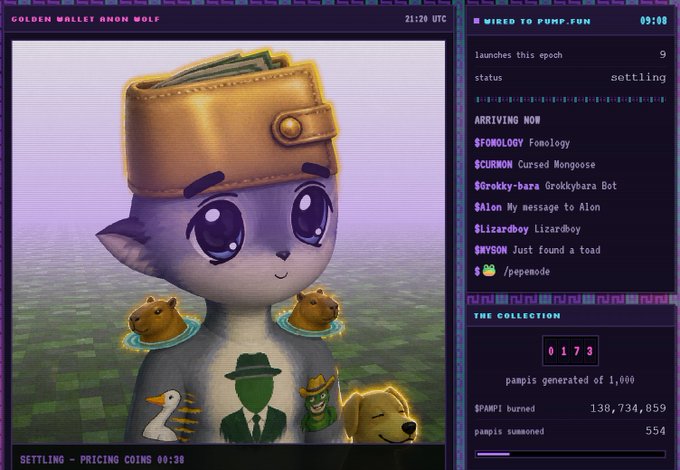 A digital interface displaying a cartoon animal character wearing a money-filled hat, with text including 'GOLDEN WALLET ANON WOLF', 'WIRED TO PUMP.FUN', 'FURONOLOGY', and 'pampis generated of 1,000'.