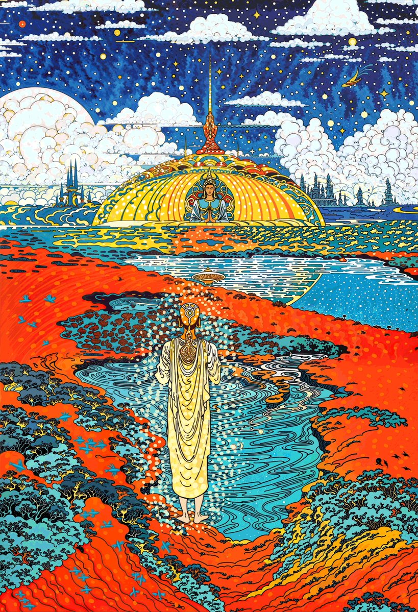"GM 'The Heart That Endures' 1/1 is available on @SuperRare". The image features a woman standing in front of a castle, with a large body of water behind her. The painting has an abstract style that includes elements such as clouds and stars, giving it a dreamy and surreal feel. This artwork seems to be inspired by the Star Wars franchise, which is known for its imaginative and fantastical themes.