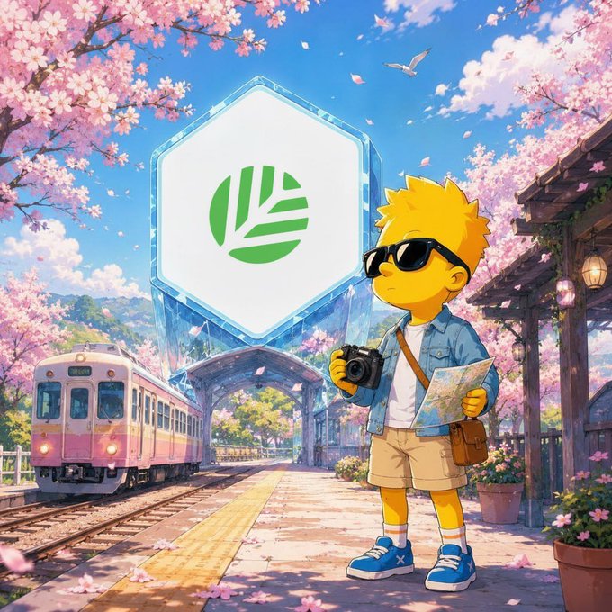A cartoon traveler in sunglasses with a camera and map stands at a cherry blossom-lined train station beneath a glowing green leaf logo, with the text referencing @CNPYNetwork visible in the caption. The scene visually echoes the post's theme of quiet infrastructure progress, using the calm, scenic moment of arrival—rather than flashy additions—as a metaphor for "old problems quietly disappearing" through built-in explorers and wallets.