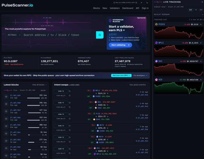 PulseScanner.io blockchain explorer dashboard showing PLS price at $0.01087, 138,277,831 PLS burned, 670,407 transactions, latest finalized block 27,487,878, with live tracking charts for POOP, $PLS, OAI, and HEX on the right sidebar.