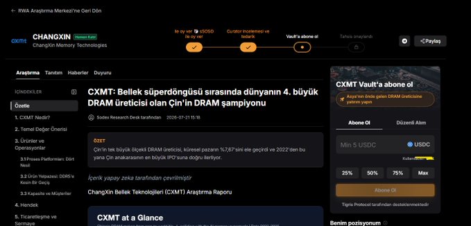 Screenshot of a crypto research platform showing a research report titled 'CXMT: Bellek süperdöngüsü sırasında dünyanın 4. büyük DRAM üreticisi olan Çin'in DRAM şampiyonu' about ChangXin Memory Technologies (CXMT), with a vault subscription panel on the right side offering 25%, 50%, 75%, or Max subscription options.