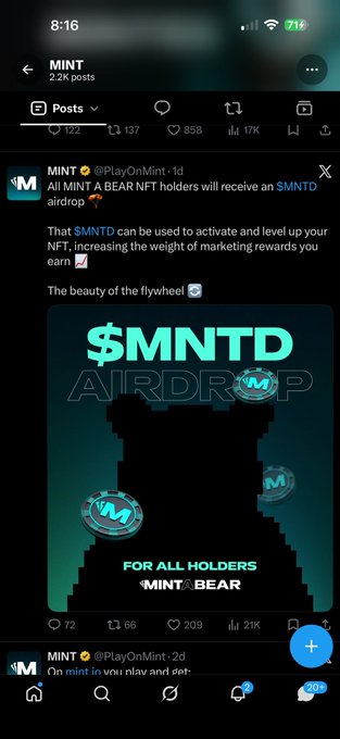 A mobile social media feed shows a post from MINT (@PlayOnMint) announcing an $MNTD airdrop for MINT BEAR NFT holders.