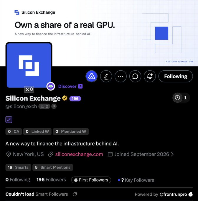 A Twitter/X profile page for Silicon Exchange with the bio 'A new way to finance the infrastructure behind AI,' located in New York, US, showing 196 followers and zero posts.