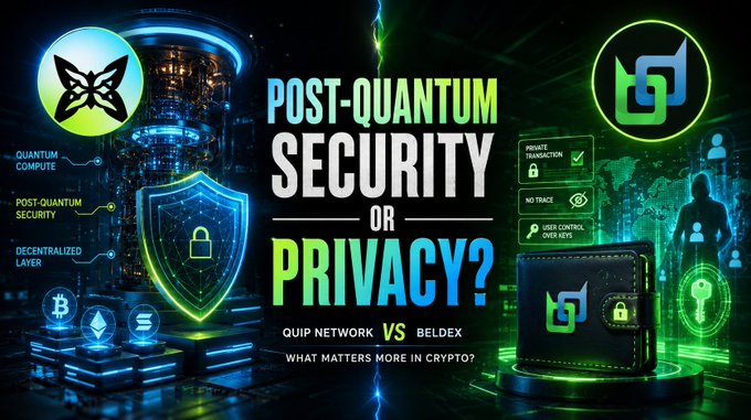 A digital advertisement graphic comparing 'POST-QUANTUM SECURITY OR PRIVACY?', featuring the Quip Network and Beldex logos, with text highlighting 'PRIVATE TRANSACTION', 'NO TRACE', and 'USER CONTROL OVER KEYS'.