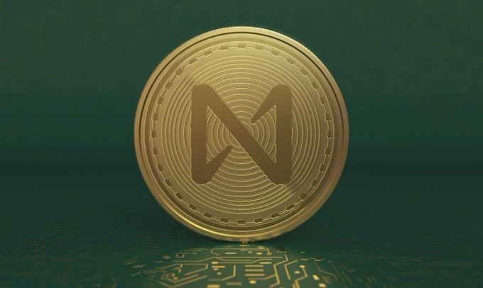3D render of a gold coin embossed with the X/Near-style logo on a circuit board surface.