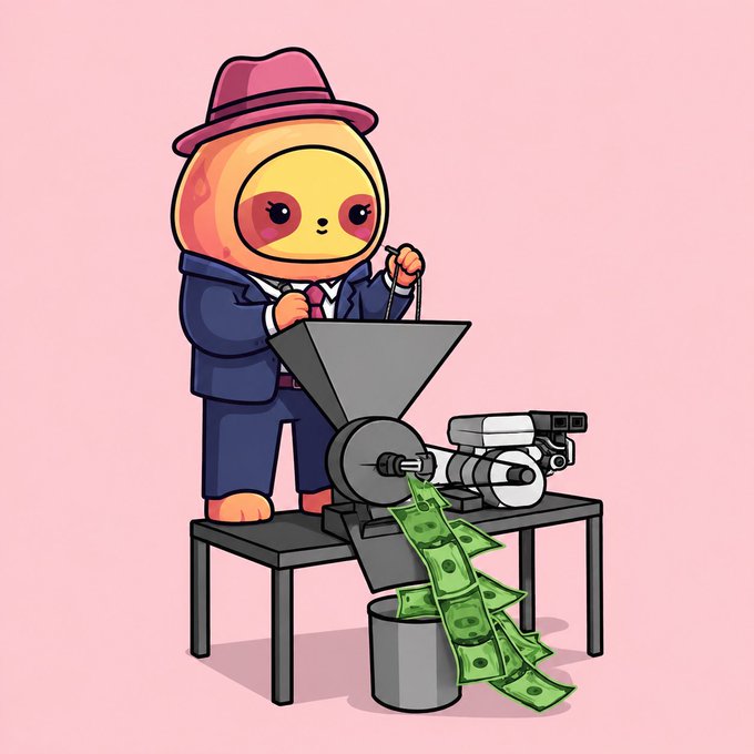 A cartoon illustration of a round yellow character wearing a fedora and suit operating a machine that prints money, with dollar bills falling into a bucket on a pink background.
