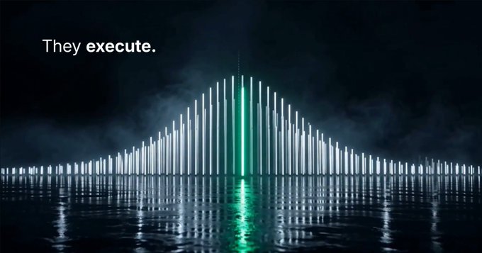 A stylized bar chart visualization over water with a dramatic dark background and the text 'They execute.' in the upper left corner.