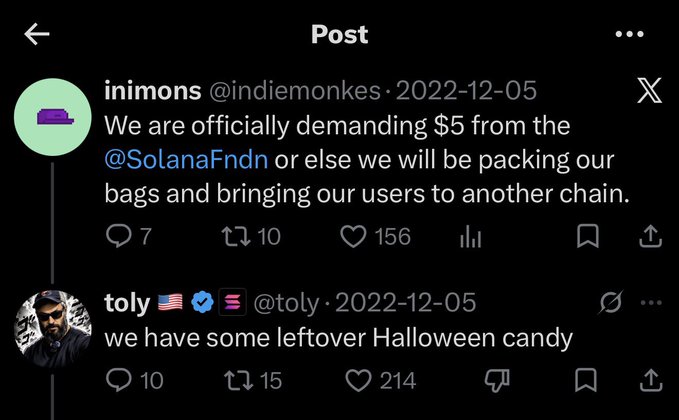 A screenshot of a social media post thread from X (formerly Twitter) showing @indiemonkes demanding $5 from @SolanaFndn, followed by a reply from @toly saying "we have some leftover Halloween candy," dated 2022-12-05.