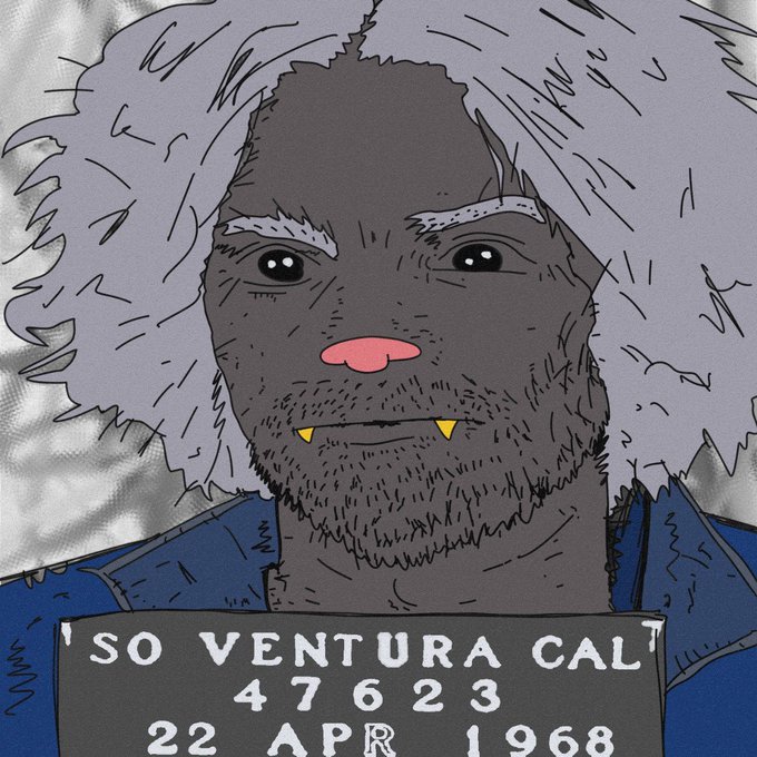 A stylized drawn portrait of a bearded man with wild gray hair holds a mugshot-style sign reading 'SO VENTURA CAL 47623 22 APR 1968'.