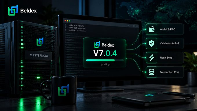 A promotional image for Beldex software update V7.0.4 displaying a computer setup with a masternode server, monitor showing update progress, and feature icons for Wallet & RPC, Validation & PoS, Flash Sync, and Transaction Pool.