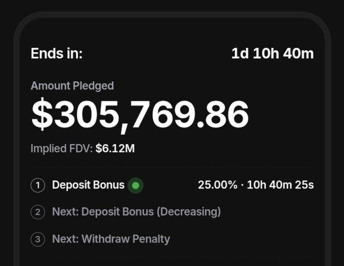 A dark-themed crypto sale dashboard shows the $HEEBOO token offering with $305,769.86 pledged (Implied FDV: $6.12M), ending in 1 day 10 hours 40 minutes, currently offering a 25% Deposit Bonus with 10h 40m 25s remaining—matching the post's claim that pledges crossed $300k with 10 hours left for the maximum bonus.