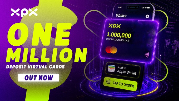 The image features an advertisement for XPX, which is a virtual currency exchange platform. The poster displays two cell phones with purple screens, one of them showing a Bitcoin wallet. The text on the poster reads "One Million Deposits Virtual Cards", indicating that users can deposit money into their accounts using these virtual cards. The post also mentions that the XPX coin is bullish and that there are real coins available for use.