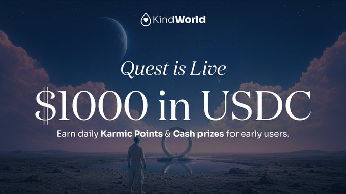 A promotional graphic for KindWorld announces "Quest is Live" with "$1000 in USDC" headline text, encouraging users to "Earn daily Karmic Points & Cash prizes for early users." The image features an ethereal scene of a solitary figure standing before a glowing ring on water beneath a starry sky, visually evoking the immersive quest concept referenced in the post about stacking Karmic Points for the KindWorld Season 1 airdrop on Solana.