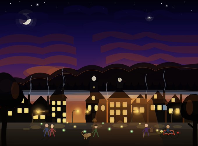 A digital illustration of a peaceful nighttime town scene with lit windows, two clocks on towers, smoke rising from chimneys, a moon and stars in the sky, and stick-figure people and a dog in the foreground.