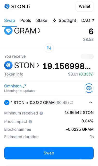 A screenshot of the STON.fi crypto wallet interface showing a swap from GRAM to STON tokens, with exchange rates and fees displayed.