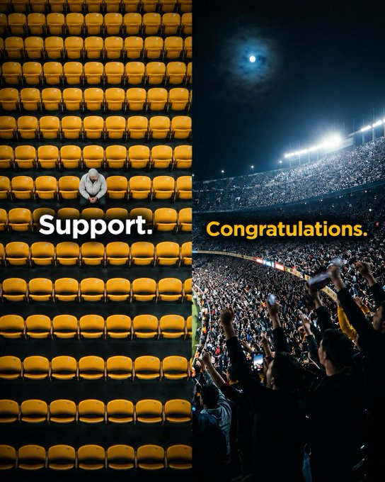 A split image showing a lone person sitting among yellow stadium seats labeled "Support." on the left and a cheering crowd in a stadium labeled "Congratulations." on the right.