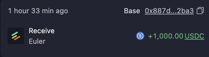 Screenshot of a crypto transaction record showing a receive of +1,000.00 USDC from "Euler" that occurred 1 hour 33 min ago, with a Base address starting with 0x887d...2ba3.