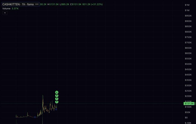 A TradingView price chart for CASHKITTEN/USD on FOMO, showing a current price of $131.5K with a 31.22% gain on the 1-hour timeframe and 3.37K volume. The chart displays recent price action with several green candles pushing the price sharply upward from lower levels, visually supporting the post's claim about the token's bullish momentum and utility as a coin that rewards holders with $CASHCAT.