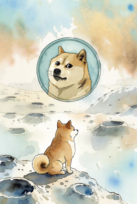A watercolor illustration depicting a Shiba Inu dog sitting on a cratered lunar landscape, looking up at the Earth, where the planet resembles the same dog's face.