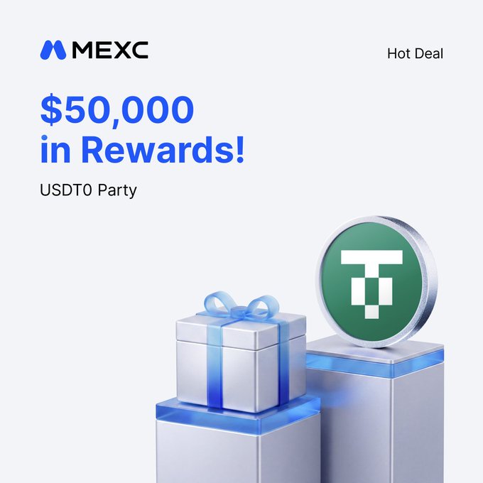 A MEXC promotional banner advertising a "$50,000 in Rewards!" USDT0 Party campaign, featuring gift boxes and a green Tether (USDT) coin, promoting a USDT deposit event on Conflux Network to share 50,000 USDT.