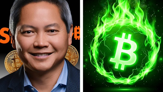 A smiling man in a suit stands before gold Bitcoin coins alongside partial text reading "S" and "ve," paired with a green flaming Bitcoin logo. The image illustrates the post's claim about Strategy CEO Phong Le announcing Bitcoin's forced liquidation price dropping to effectively $0.