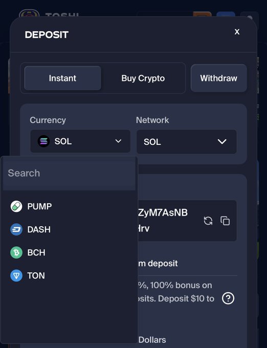 A cryptocurrency deposit interface on Toshi shows a "DEPOSIT" modal with tabs for Instant, Buy Crypto, and Withdraw, where the Currency dropdown is open displaying options including PUMP, DASH, BCH, and TON alongside a Solana (SOL) network selection. The image illustrates the post's message by showing how users can select PUMP as their deposit currency on the Toshi gambling platform.