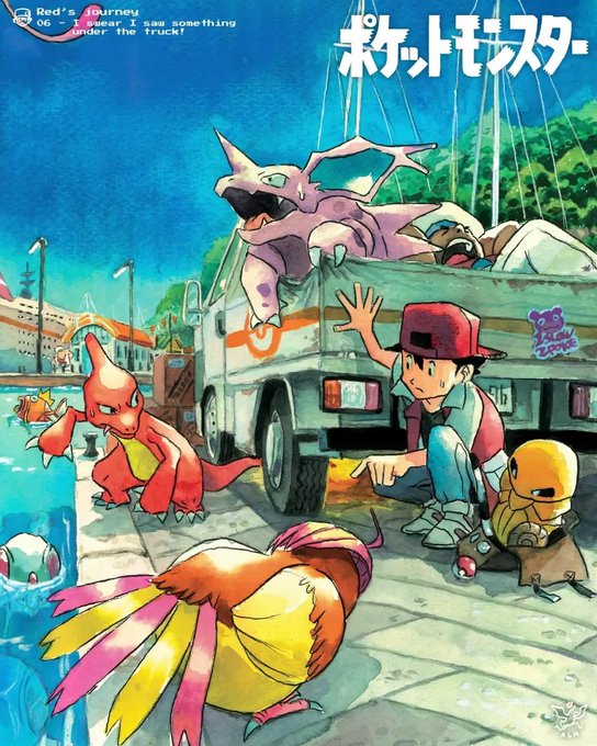 An anime-style illustration depicting a scene with Pokémon characters, showing a boy with a red cap and a Pikachu crouching on a harbor walkway, reacting to a Charmeleon, Spearow, and a truck carrying a Nidoking.