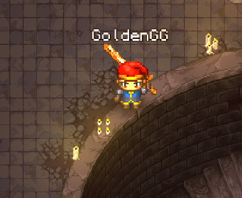 A pixel art character named 'GoldenGG' wearing a red bandana and yellow outfit stands on a stone bridge holding a sword, with lit candles in a dungeon setting.