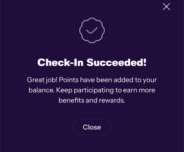 A purple 'Check-In Succeeded!' notification screen indicating that points have been added to the user's balance.