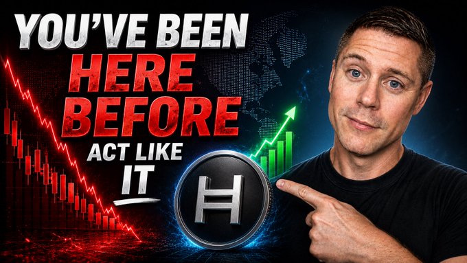 A YouTube thumbnail shows a man pointing to a Hedera (HBAR) cryptocurrency logo with the text "YOU'VE BEEN HERE BEFORE - ACT LIKE IT" against a background of red and green financial charts.