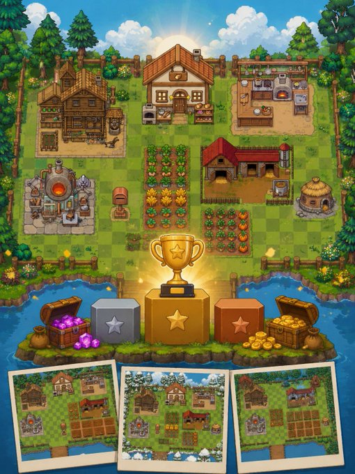 A pixel art farm game promotional image showing a top-down view of a homestead with crops, a barn, forge, and house, with a golden trophy in the center and three seasonal variations of the farm shown at the bottom.