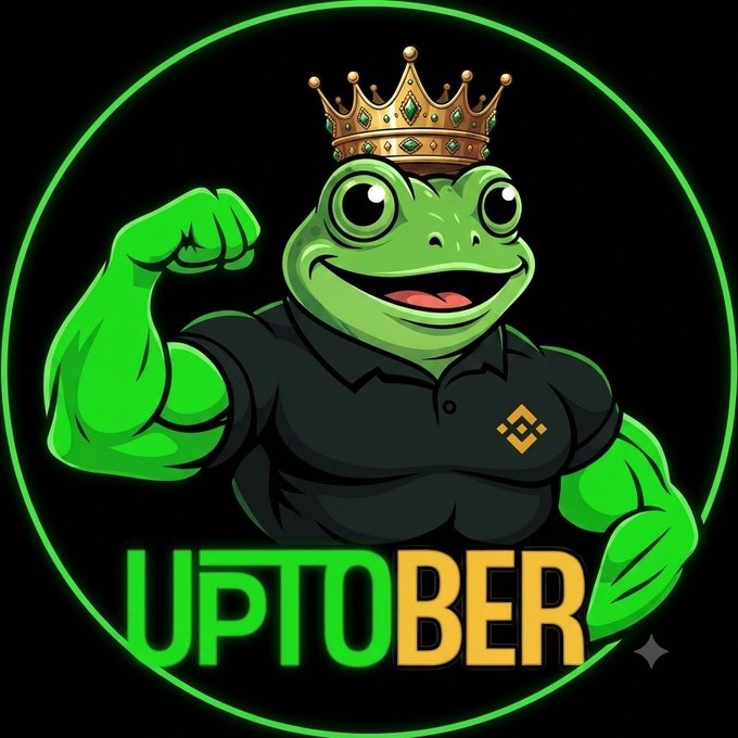 A logo for 'UPTOBER' featuring a muscular Pepe the Frog wearing a crown and a black shirt with the Binance logo, set within a green circular border.